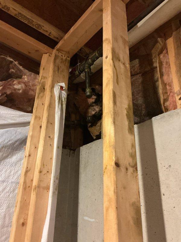 Successfully installed access point for pressure testing of plumbing system by exposing pipe connections through wall framing. Properly navigated around existing insulation and structural elements to ensure complete access to horizontal copper and galvanized steel piping components for accurate diagnostics.