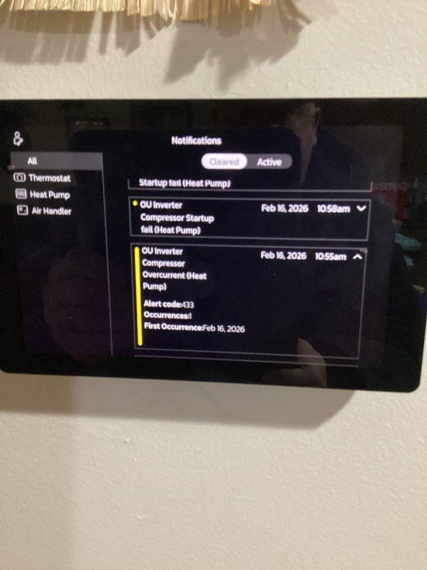 Performed follow-up inspection on recently installed HVAC system following customer report of alarm 430 (OU inverter compressor start up fail). Verified system status and documented active alerts including Alert code 433 (Compressor Overcurrent) on the thermostat display. Diagnosed issue with outdoor unit inverter compressor and performed necessary adjustments to resolve startup failure and overcurrent conditions.