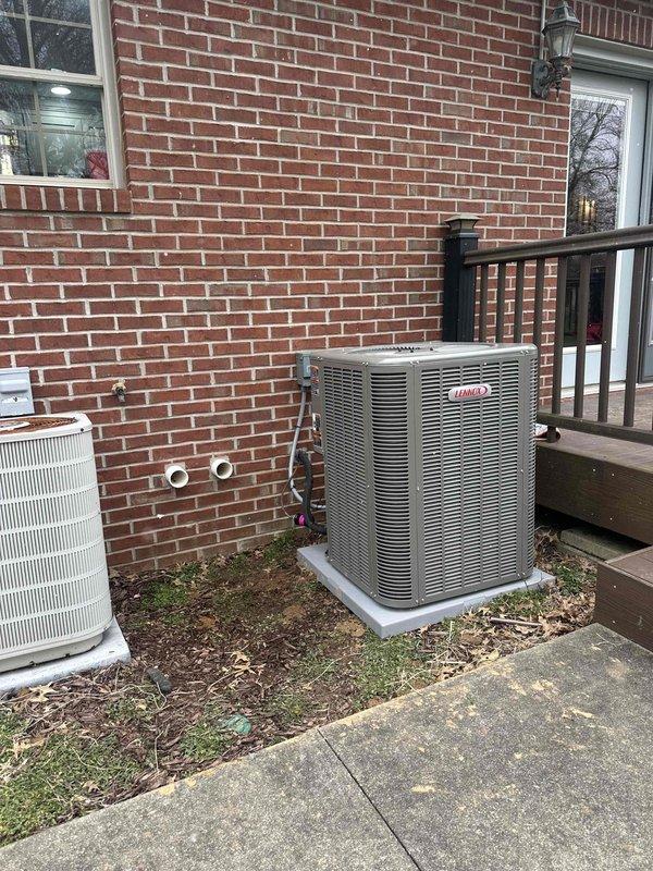 Completed installation of a Lennox 2-ton 15.5 SEER 97% efficiency HVAC system for the upstairs zone. Work included mounting the outdoor condensing unit on a concrete pad adjacent to an existing unit, and installing the indoor air handler/furnace in the utility closet with proper PVC venting connections. All components were properly secured, connected, and tested for optimal performance.