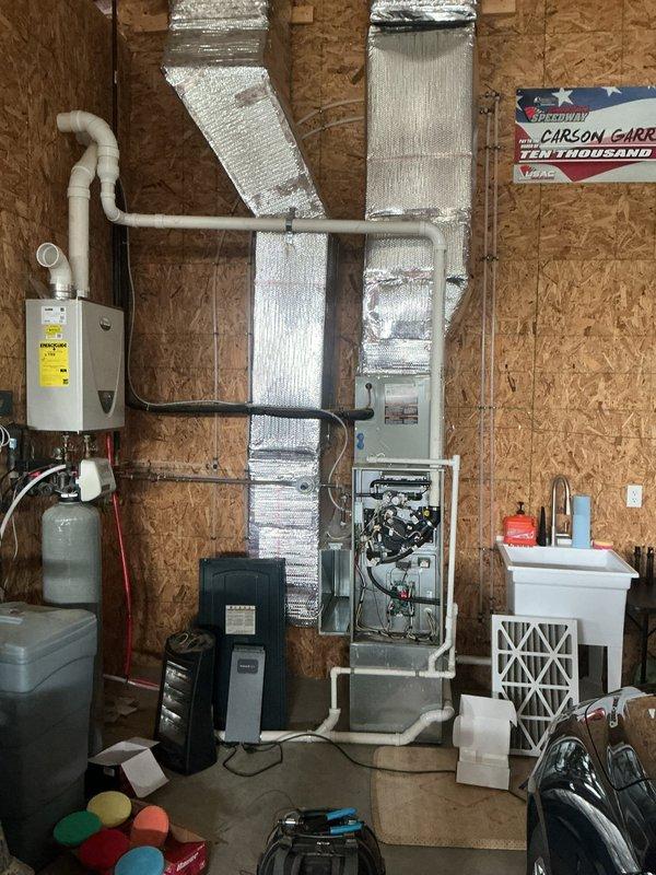 Performed second annual maintenance visit on 2-year-old trio system. Inspected and replaced three filters (16x25x5, 20x25x5, 20x25x5), examined ductwork for proper sealing and insulation, and verified furnace operation with access panel open. System is due for renewal; previous service was March 2025.