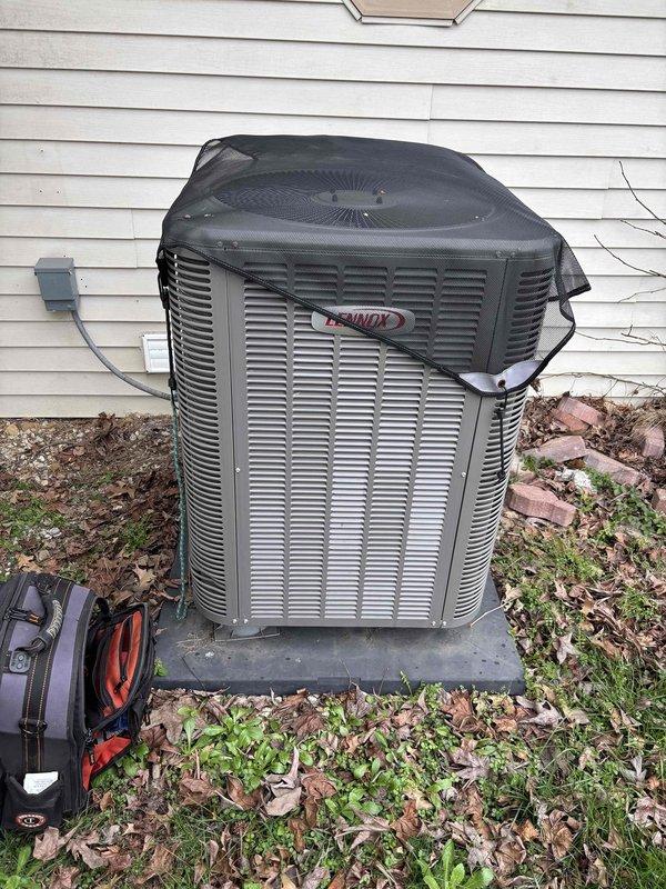 Performed monthly maintenance on 2-year-old Gold Level single system. Inspected and replaced dirty pleated air filter (20x25x5) and examined outdoor Lennox condenser unit. Noted customer requires longer hose for proper system cleaning; current hose insufficient for maintenance requirements. Recommended backpack sprayer as alternative solution.