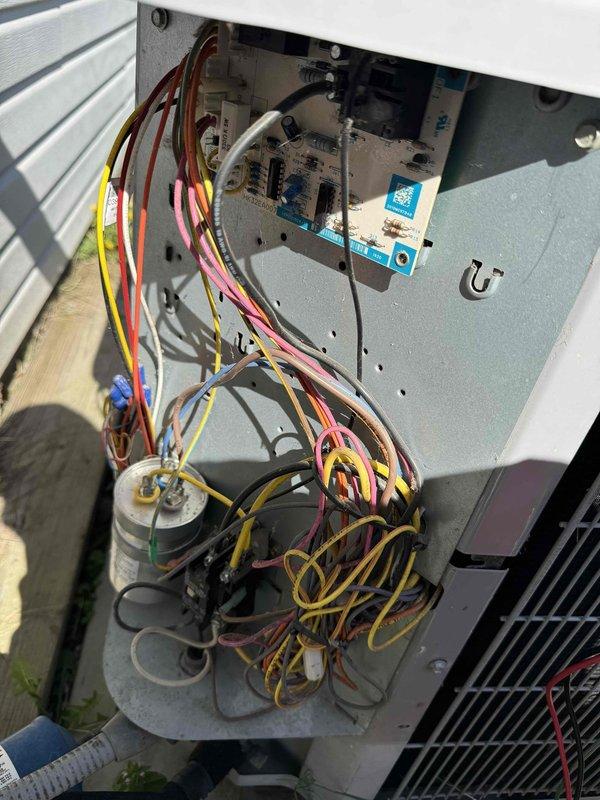 Performed scheduled monthly maintenance on Gold Level single system. Conducted diagnostic testing on system components with temperature readings recorded at 49°. Inspected circuit board and electrical connections, noting some dust accumulation but all wiring (yellow, pink, red, white, green) remained secure and functional. System is currently operational but unable to upgrade due to configuration limitations.