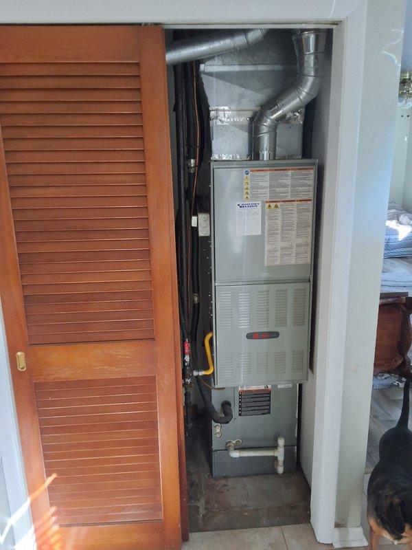 Performed diagnostic inspection on HVAC system in response to ceiling water leak occurring during system operation. Identified damaged and clogged air filter with multiple tears causing condensate drainage issues. Replaced filter, cleaned drain line, and verified proper system operation with no further leakage.