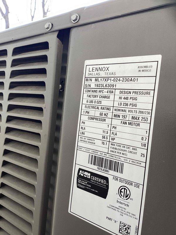 # Service Summary

Completed first annual Platinum Level maintenance on a 2-year-old Lennox ML17XP1 system (Model: ML17XP1-024-230A01, Serial: 1923L63091). Performed comprehensive inspection and preventive maintenance procedures on the outdoor condensing unit, verified HFC-410A refrigerant charge of 6 lbs, confirmed electrical specifications at 208/230V 1-phase operation, and documented system condition with photos of manufacturer data plate and unit exterior. System operating within normal parameters with no deficiencies noted; 20x20x5 filter size confirmed for homeowner reference.