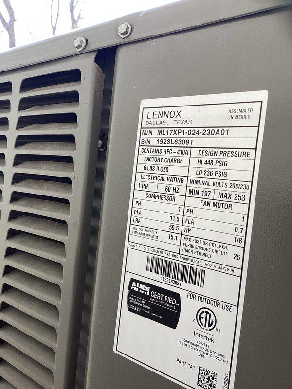 # Service Summary

Completed first annual Platinum Level maintenance on a 2-year-old Lennox ML17XP1 system (Model: ML17XP1-024-230A01, Serial: 1923L63091). Performed comprehensive inspection and preventive maintenance procedures on the outdoor condensing unit, verified HFC-410A refrigerant charge of 6 lbs, confirmed electrical specifications at 208/230V 1-phase operation, and documented system condition with photos of manufacturer data plate and unit exterior. System operating within normal parameters with no deficiencies noted; 20x20x5 filter size confirmed for homeowner reference.