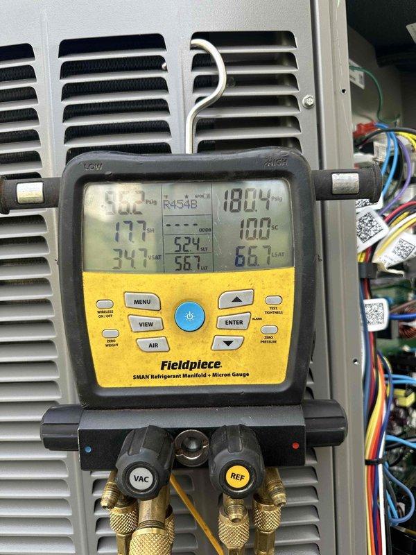 # HVAC Install - Complete System

Successfully installed a complete 2-ton, 18 SEER, 99% AFUE efficiency heating and cooling system. The installation included a new communicating air conditioner unit and high-efficiency furnace with advanced digital thermostat control interface.

Configured the communicating equipment settings through the touchscreen control panel, programming critical operational parameters including compressor short cycle delay at 180 seconds, high normal cooling airflow at 700 CFM, and low normal cooling airflow at 350 CFM. Adjusted dehumidification airflow settings and configured suction pressure transducer parameters to optimize system performance and efficiency.

Charged the system with R454B refrigerant to manufacturer specifications, utilizing precision manifold gauges to verify proper pressures and temperatures throughout the refrigerant circuit. Conducted comprehensive system diagnostics and performance testing to ensure all communicating components are functi