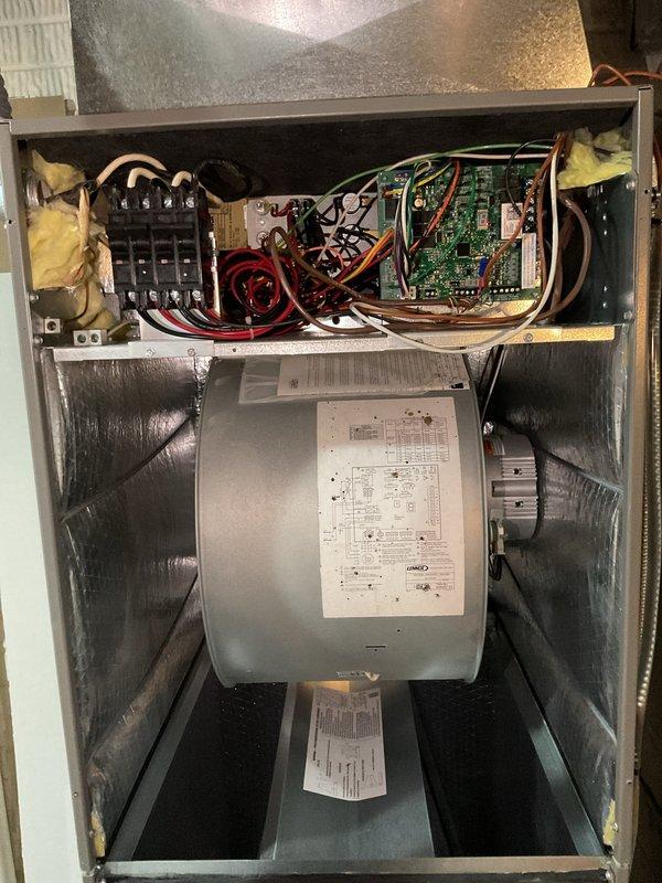 Completed Platinum Level maintenance on a one-year-old Lennox furnace system with integrated humidifier. Performed comprehensive inspection of all internal components including electrical connections, control board, circuit breaker, and wiring harness. Inspected and serviced cylindrical drum-style humidifier unit, verified proper operation and water panel condition. Checked blower compartment assembly and gas line connections for proper installation and safety. Replaced 20x25x5 air filter and verified all access panels secured properly. All components found operating within normal parameters with no deficiencies noted during this first annual maintenance visit.