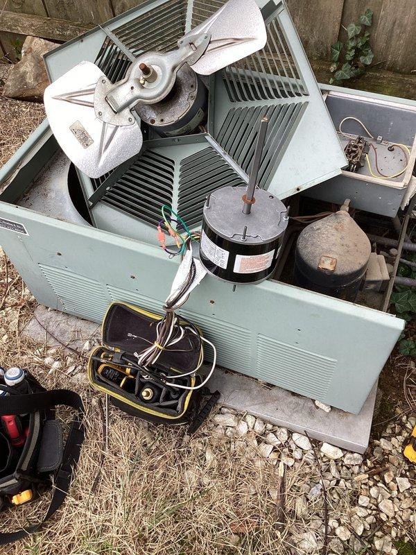 Responded to no cooling complaint on 10-15 year old central air conditioning system. Upon arrival, performed diagnostic testing on outdoor condensing unit using multimeter to check electrical components including dual capacitors and compressor motor. Disassembled exterior panels to access internal components and inspect condenser coil, which showed significant dust and debris accumulation. Evaluated wire connections, refrigerant lines, and fan motor assembly for proper operation. Unit displayed signs of age-related wear and required cleaning of heavily soiled base pan and internal components to restore proper airflow and system efficiency.
