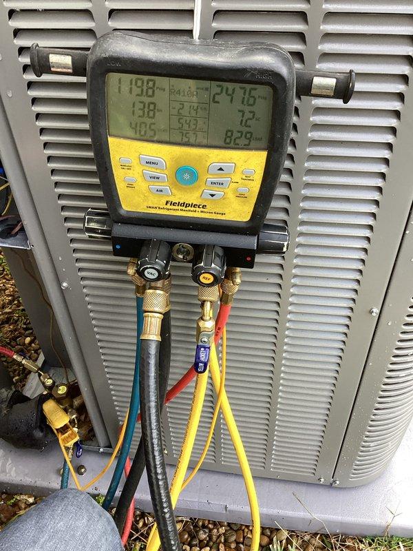 Completed first annual planned maintenance visit on 7-month-old HVAC system. Performed comprehensive system inspection, checked refrigerant pressures and temperatures using digital manifold gauges, verified proper system operation, and replaced NSSU filters per manufacturer specifications. All components operating within normal parameters.