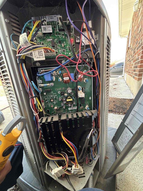 Completed Platinum Level planned maintenance on single HVAC system. Performed comprehensive system inspection including control board examination, wiring connections, and thermostat calibration check to address customer concern regarding temperature reading discrepancy. Inspected electrical components, circuit boards with wireless communication module, capacitor, and heat sink assembly. Verified all wire connections at terminal blocks and assessed system controls. Noted dust accumulation on interior components and insulation material. All electronic components and circuit boards found in good working condition with no visible damage or corrosion detected.