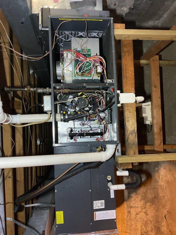 Completed comprehensive spring AC tune-up and cleaning for maintenance plan member on air handler system installed in 2021. Performed full inspection of internal components including blower motor assembly, electrical connections, circuit boards, and refrigerant lines; verified all wiring bundles secure and properly connected; checked condensate drain lines and PVC piping for proper operation. System tested and confirmed operating within normal parameters with no issues found.