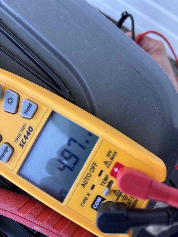 Completed second annual Gold Level maintenance visit on 7-year-old HVAC system. Performed comprehensive system diagnostics including airflow measurements (738 CFM recorded at supply duct) and electrical readings (497 reading documented with digital multimeter). Verified system operation, checked all electrical connections, and confirmed proper airflow distribution throughout ductwork. System operating within normal parameters. Customer due for membership renewal and 16x25x5 filter replacement.