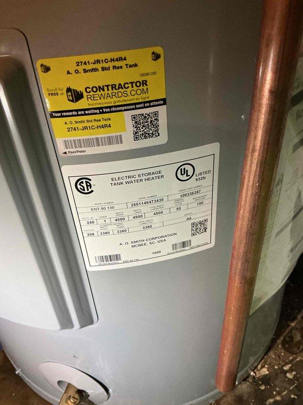 Responded to water heater leak that had been active for one to two weeks. Removed and replaced failed unit with new A.O. Smith standard residential tank water heater, model 2741-JR1C-H4R4. Completed full installation including copper piping connections for inlet and outlet lines, water treatment device mounted at top of unit, and proper venting. Tested all connections for leaks, verified proper operation, and ensured unit met manufacturer specifications and code requirements.