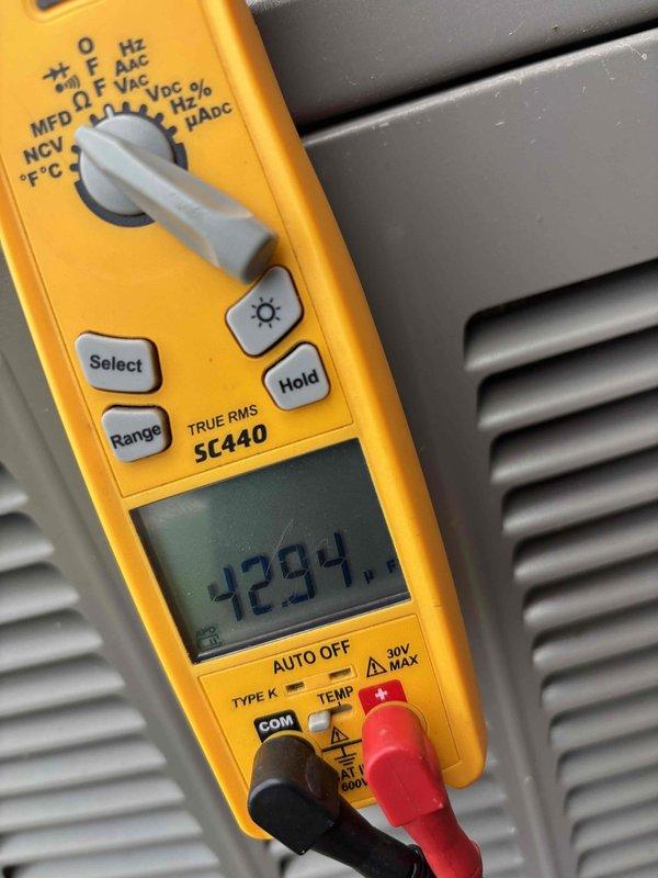 Completed planned maintenance visit on 3-year-old HVAC system. Performed system diagnostics using digital multimeter, recording capacitance reading of 4294 microfarads to verify proper compressor and fan motor operation. Measured supply air temperature at 52°F using infrared thermometer to confirm adequate cooling performance. Inspected and replaced 20x25x5 air filter to maintain proper airflow and indoor air quality. All electrical components tested within normal operating parameters, and system demonstrated proper refrigerant cycle operation with appropriate temperature differentials.
