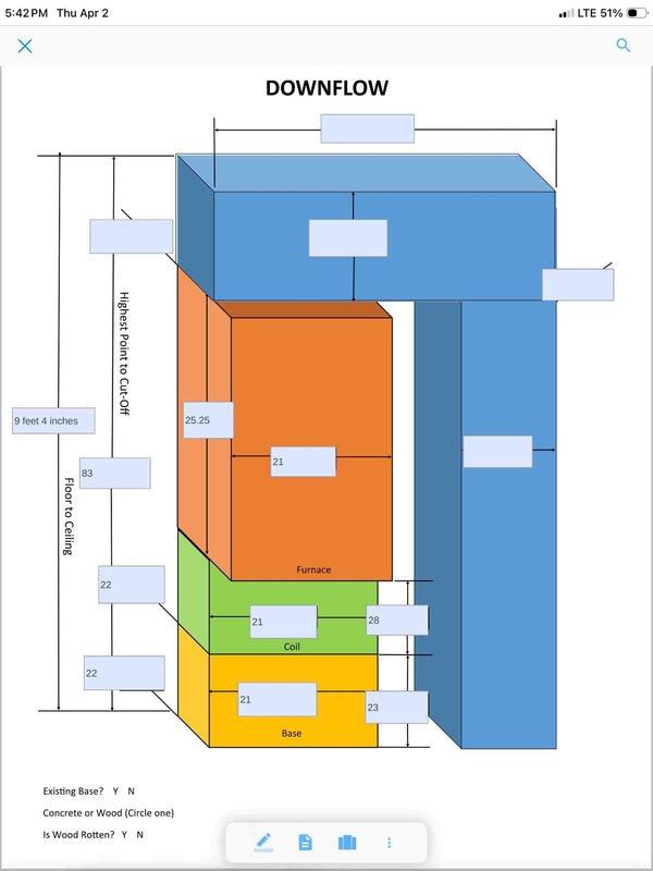 Completed comprehensive assessment of existing downflow HVAC system in residential garage utility area for replacement estimate. Documented current air handler unit configuration, ductwork routing, and spatial constraints including 9-foot 4-inch floor-to-ceiling clearance. Evaluated equipment accessibility, existing base condition, and prepared detailed specifications for Green A+ rated replacement system installation with proper sizing measurements for furnace, coil, and base components.
