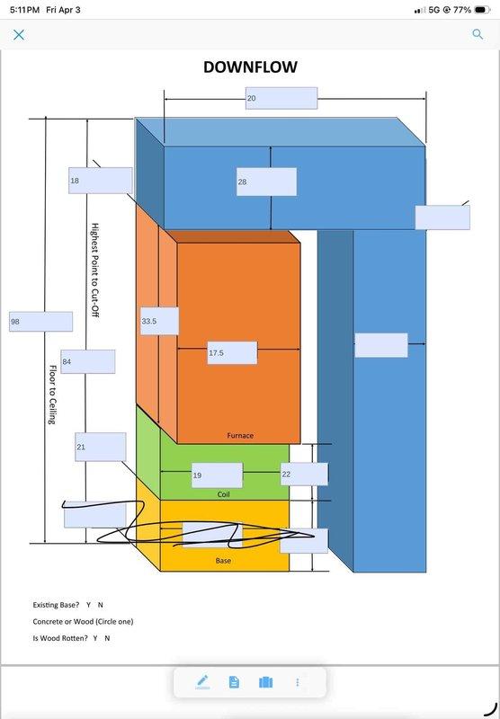 Conducted on-site assessment of 16-year-old residential air conditioning system to provide replacement estimate. Inspected existing outdoor condensing unit positioned on concrete pad adjacent to building exterior, noting current refrigerant line configuration, electrical disconnect placement, and PVC condensate drainage routing. Evaluated indoor HVAC system layout using downflow configuration diagram to determine proper sizing and clearance requirements for new equipment installation, including furnace, evaporator coil, and base specifications. Documented existing installation conditions through photographic records for accurate equipment selection and proposal preparation.
