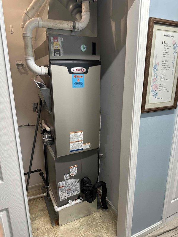 Completed installation of 3-ton Lennox HVAC system including furnace and air handler in interior utility closet. Installed wall-mounted Lennox digital thermostat with dealer support access, data sharing capabilities, and advanced diagnostics enabled. Configured all PVC venting connections through upper closet space and verified proper exhaust routing. Activated system controls, completed startup procedures, and confirmed all operational parameters within manufacturer specifications.