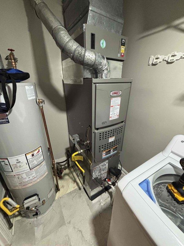 Responded to install callback for Lennox furnace system with fan running continuously but no heating or cooling output. Upon inspection, diagnosed faulty control board preventing proper system operation and heating/cooling cycles. Replaced defective control board, verified all wire connections, tested system operation through complete heating cycle, and confirmed proper fan cycling and temperature control restored to normal function.