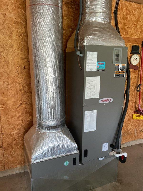 Completed Platinum Level maintenance on a 1-year-old Lennox air handler system during the customer's second annual visit. Performed comprehensive inspection of the unit installed in the garage, verified proper ductwork connections and insulation integrity on the flex duct runs, and replaced the 20x20x4 air filter as part of the scheduled maintenance protocol. All system components were found operating within manufacturer specifications, with no deficiencies noted during the inspection.