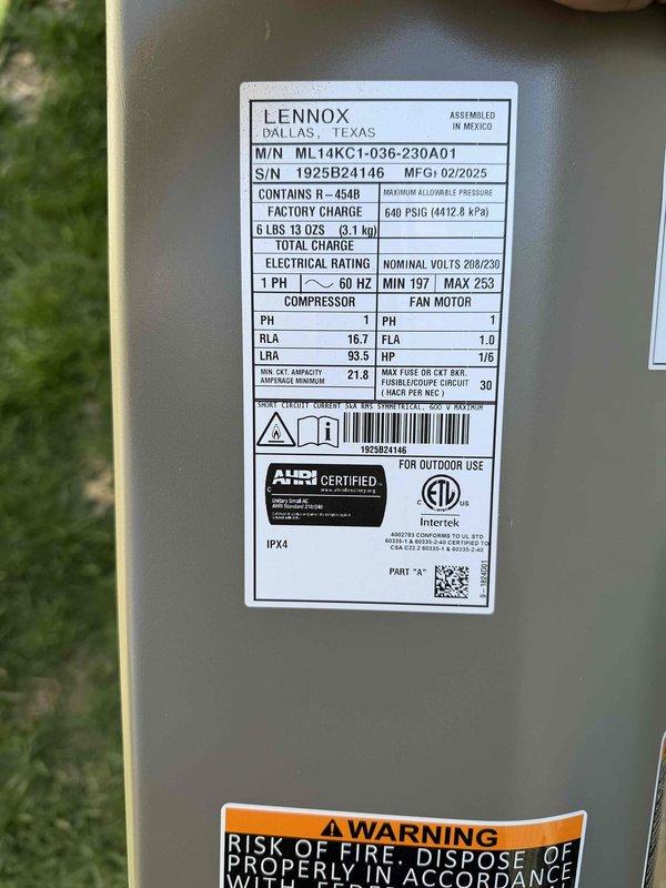 Completed full HVAC system installation including a 3-ton 15.5 SEER Lennox outdoor condensing unit (Model ML14KC1-036) with R-454B refrigerant and a tankless water heater system. The outdoor unit was installed with proper electrical connections at 208/230V, single phase, 60Hz specifications. Inside the mechanical room, installed wall-mounted tankless water heater with complete copper piping configuration including multiple shut-off valves for isolation and service access. Routed all refrigerant lines, condensate drainage via white PVC piping, and electrical conduit to code. System was pressure tested, evacuated, charged to manufacturer specifications, and verified for proper operation of both heating and cooling functions.