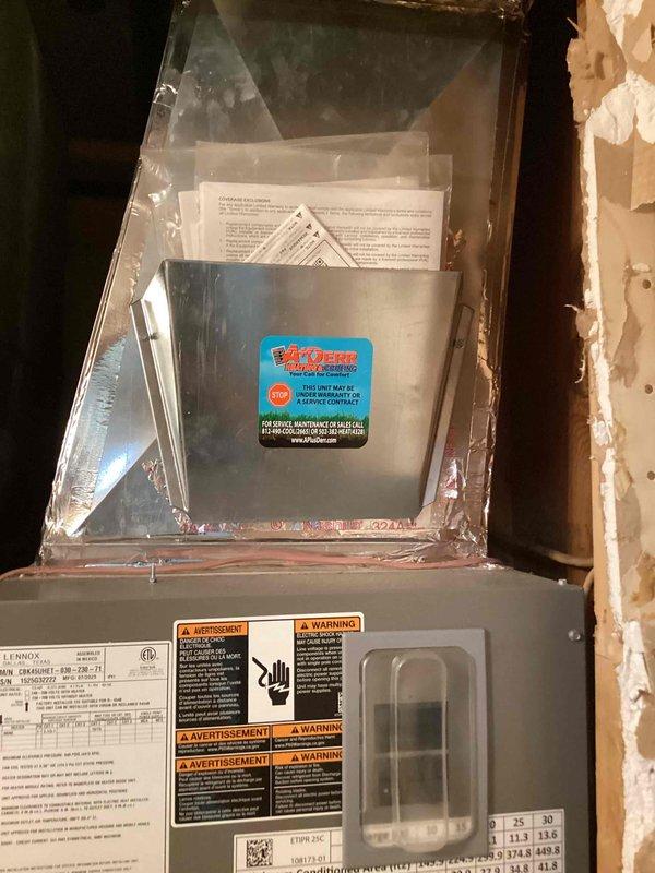 Completed first visit of quarterly planned maintenance on HVAC system with 17x21x5 filter specifications. Accessed furnace unit, verified proper installation positioning using level measurement tool, and documented equipment condition with manufacturer labels and service documentation clearly visible in compartment. Unit operating within normal parameters with all safety labels intact and accessible.