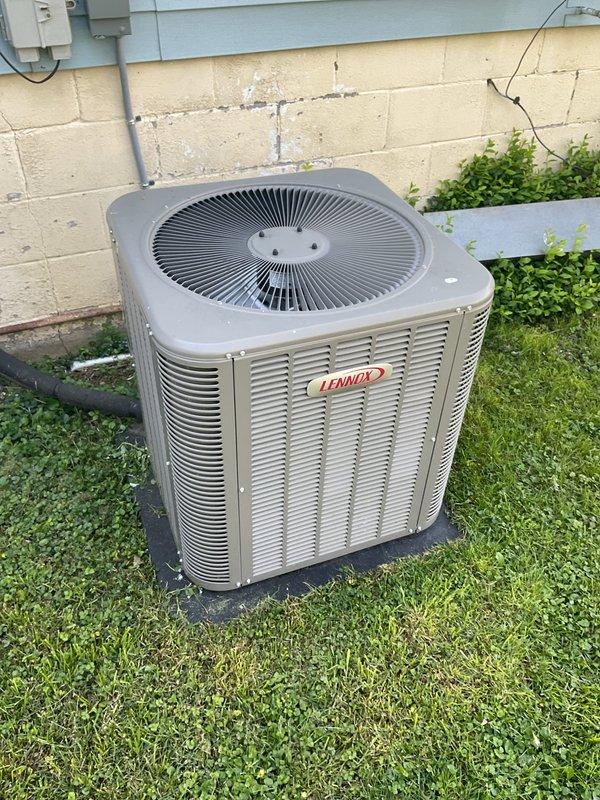 Completed planned maintenance on Lennox residential HVAC system including filter replacement with 20x20x4 filter. Performed electrical diagnostics using clamp meter to verify proper amperage draw and system operation. Inspected outdoor condensing unit, confirmed proper operation of compressor and condenser fan, and verified all components functioning within normal parameters.