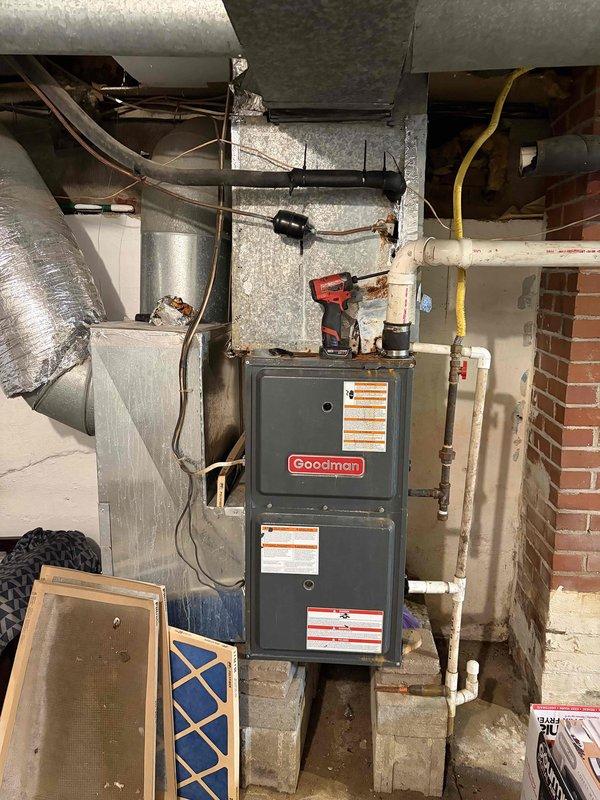Responded to no cooling call on Goodman HVAC system that had been inoperative for over a year. Upon arrival, performed comprehensive diagnostic evaluation of both indoor furnace unit located in basement and outdoor condensing unit. Confirmed customer's suspicion of compressor failure and identified existing refrigerant leak in the system. Given the age of the equipment, multiple component failures, and cost of repairs versus replacement, provided detailed assessment and recommendations for system options moving forward.
