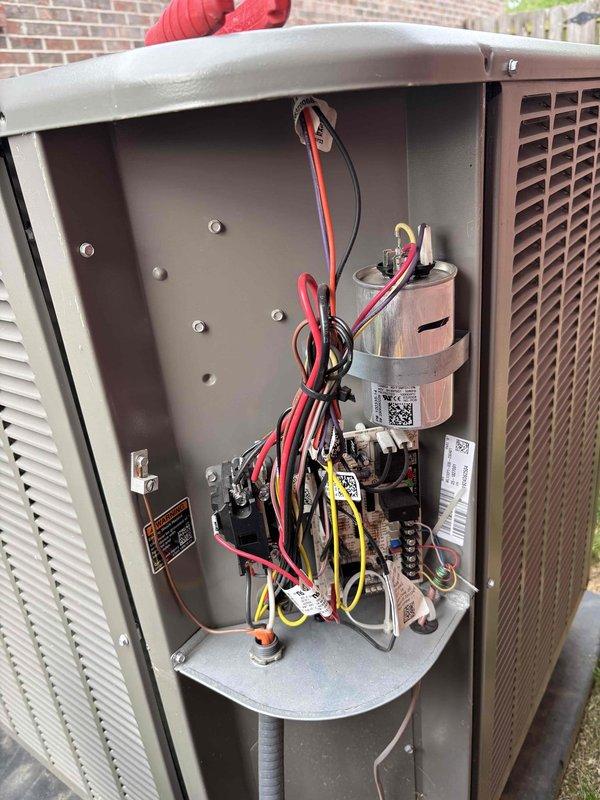 Completed Platinum Level planned maintenance on a 1-year-old HVAC system during the second annual visit. Performed comprehensive system inspection including outdoor condensing unit evaluation with access panel removal to assess electrical components, capacitor, contactors, and wiring connections. Replaced 20x20x5 air filter and recorded temperature measurements within the duct system, which registered 52.1°F indicating proper cooling operation. All electrical components, connections, and hardware showed normal wear consistent with system age and outdoor installation. System is operating within manufacturer specifications and customer is due for service plan renewal.