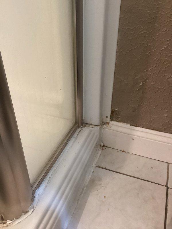 Responded to service call for multiple plumbing issues including leaking kitchen faucet, clogged kitchen sink requiring replacement due to leak, and slow-draining bathtub. Performed comprehensive inspection of all affected fixtures and drainage systems. Documented existing conditions with photographic evidence showing shower drain with visible mold accumulation along wall-to-floor seams and discoloration indicating chronic moisture issues. Assessed bathtub drainage obstruction and evaluated kitchen sink leak severity to determine replacement necessity. Identified rust and water damage at door track junction suggesting potential additional moisture intrusion concerns.