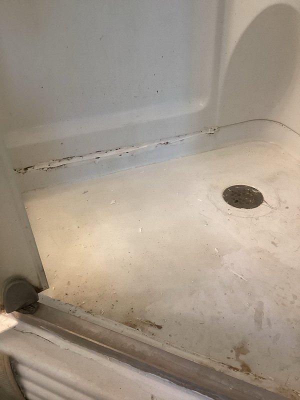 Responded to service call for multiple plumbing issues including leaking kitchen faucet, clogged kitchen sink requiring replacement due to leak, and slow-draining bathtub. Performed comprehensive inspection of all affected fixtures and drainage systems. Documented existing conditions with photographic evidence showing shower drain with visible mold accumulation along wall-to-floor seams and discoloration indicating chronic moisture issues. Assessed bathtub drainage obstruction and evaluated kitchen sink leak severity to determine replacement necessity. Identified rust and water damage at door track junction suggesting potential additional moisture intrusion concerns.