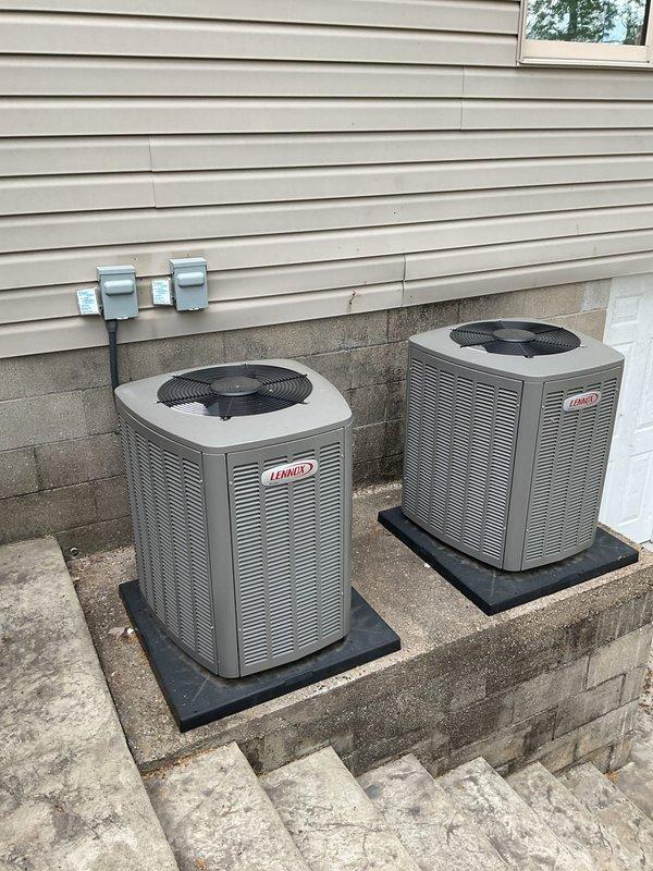 Completed comprehensive Platinum Level planned maintenance on dual Lennox air conditioning systems, both approximately 3 years old. Performed full system inspections including cleaning condenser coils, checking refrigerant levels and pressures, testing electrical connections and capacitors, verifying proper airflow, and replacing air filters (20x25x5 and 16x25x5). Both outdoor units showed good operational condition with proper installation on vibration-dampening pads and adequate clearance for airflow. Verified all safety controls, tested thermostat operation, and confirmed both systems are cooling efficiently with no issues detected. This represents the second annual visit for these systems, with maintenance contract renewal confirmed for continued service coverage.
