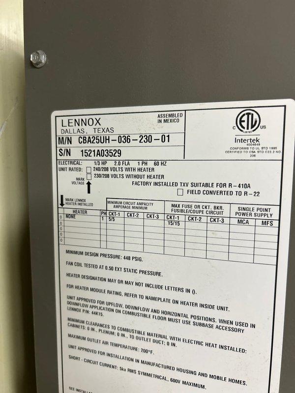 Provided comprehensive estimate for HVAC system conversion project involving disconnection of existing boiler system and integration of six heat pump units with current air conditioning infrastructure. Conducted detailed site assessment and measurements of existing Lennox equipment, including CBA25UH-036-230-01 model unit rated for 230/208V operation with R-410A refrigerant, documenting equipment specifications, electrical requirements, clearances, and system compatibility for heat pump installation across multiple zones.