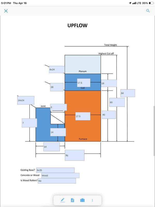 Completed on-site assessment of existing HVAC system for replacement estimate. Documented current furnace installation in basement utility room, including open inspection of internal components, copper coils, wiring, and mechanical systems. Photographed existing equipment configuration showing dark gray/black furnace unit with associated white PVC venting routed to ceiling, metallic duct connections, and surrounding plumbing infrastructure. Recorded measurements and created detailed upflow system schematic diagram showing proposed replacement layout with furnace, coil, and plenum configurations. Documented existing base dimensions at 9x35 on wood flooring in non-deteriorated condition. Captured comprehensive visual documentation of mechanical room environment including galvanized ductwork, ceiling clearances, and available working space for equipment replacement. Provided customer with Green A+ rated replacement system proposal based on current installation parameters and structural me