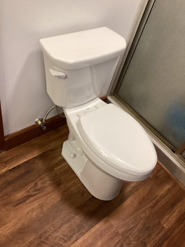 Completed general plumbing installation in residential bathroom, including installation of a two-piece white porcelain toilet with chrome flexible water supply line and wall-mounted shut-off valve in corner placement. Additionally installed undermount white oval sink in granite countertop with three-piece brushed nickel faucet set featuring central spout and dual lever handles, along with polished metal drain assembly.