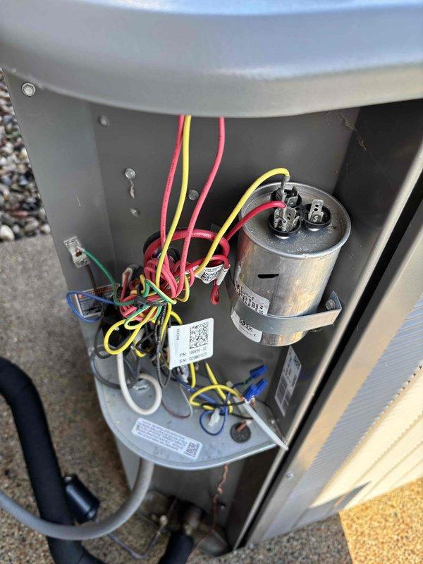 # HVAC Maintenance Summary

Completed comprehensive Platinum Level preventive maintenance on a 2-year-old HVAC system during the first annual service visit. Performed full system inspection of indoor air handler unit and electrical components, including capacitor testing and electrical connection verification. Replaced 25x25x4.5 air filter and inspected evaporator coil and blower assembly. Verified proper operation of condensate drainage system and checked all ductwork connections. Documented equipment condition with photographic records showing electrical compartment components and indoor unit configuration. All system components found operating within manufacturer specifications with no immediate repairs required.