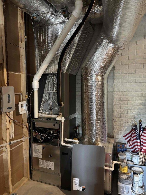 # HVAC Maintenance Summary

Completed comprehensive Platinum Level preventive maintenance on a 2-year-old HVAC system during the first annual service visit. Performed full system inspection of indoor air handler unit and electrical components, including capacitor testing and electrical connection verification. Replaced 25x25x4.5 air filter and inspected evaporator coil and blower assembly. Verified proper operation of condensate drainage system and checked all ductwork connections. Documented equipment condition with photographic records showing electrical compartment components and indoor unit configuration. All system components found operating within manufacturer specifications with no immediate repairs required.