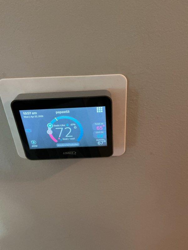 Completed platinum level monthly maintenance on single HVAC system including replacement of 16x25x4 filter. Verified Lennox smart thermostat operation showing proper heating and cooling setpoints at 69°F and 67°F respectively, with system in scheduled mode and displaying accurate time and date information.