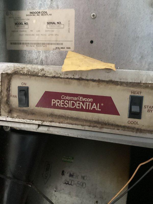 Completed comprehensive HVAC system estimate for replacement of aging Coleman Evcon Presidential equipment showing significant wear, dirt accumulation, and operational concerns. Documented existing indoor coil unit and air handler configuration, photographed current filter installation (3M 16x20x1), and assessed overall system condition to provide customer with Green A+ rated replacement options for improved efficiency and reliability.