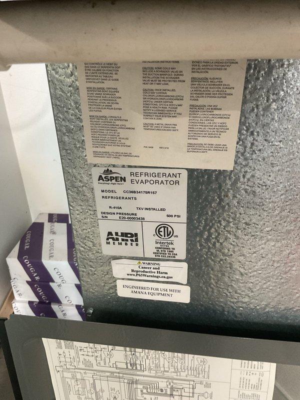 Completed first annual Gold Level planned maintenance on 5-year-old residential HVAC system with R-410A refrigerant. Performed comprehensive inspection of outdoor condensing unit electrical compartment, verifying proper operation of capacitor, contactor, and all electrical connections. Inspected Aspen refrigerant evaporator unit (Model CCMB347FR167) and confirmed all manufacturer specifications and safety labels intact. System operating within normal parameters with no issues identified.