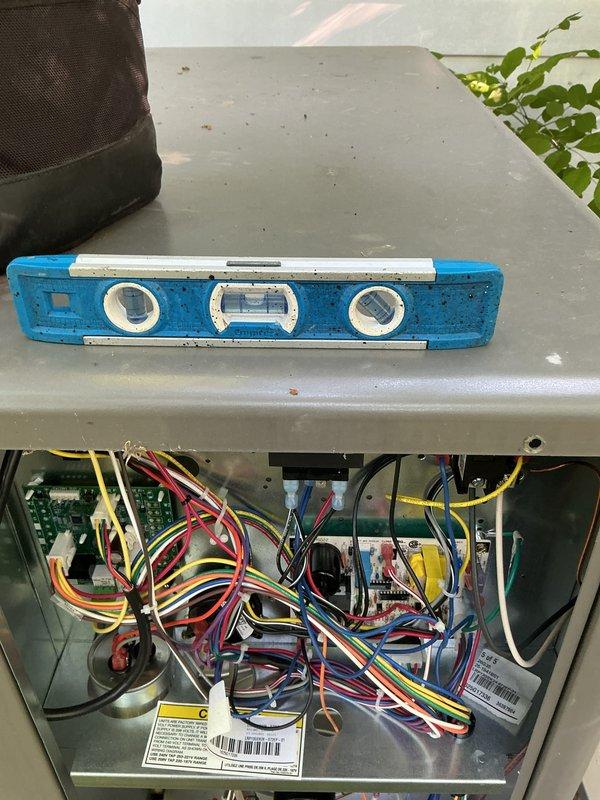 # HVAC Maintenance Completed

Performed Platinum Level preventive maintenance on single residential HVAC system during first scheduled visit. Inspected outdoor condensing unit, verifying proper leveling and operational integrity of electrical components and control board. Documented condition of exterior electrical panel, noting significant rust and corrosion on interior surfaces requiring monitoring. Verified all wire connections and internal circuitry functioning within normal parameters. System operational and ready for continued service with 20x20x5 filter specification noted for homeowner reference.