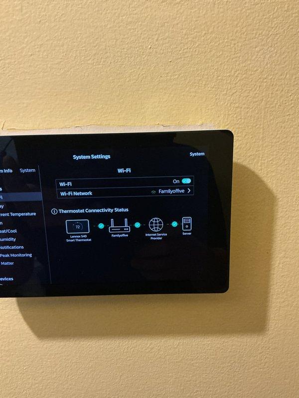 Completed annual Platinum Level maintenance on a single-system residential HVAC unit. Performed comprehensive system inspection, verified thermostat connectivity and proper Wi-Fi communication with network, confirmed all system settings and software version 4.40.0413 operating correctly. Documented system information including model and serial numbers, replaced 20x20x5 air filter, and verified all mechanical and electrical components functioning within manufacturer specifications.