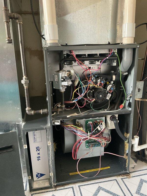 Completed annual planned maintenance visit on residential HVAC system, including replacement of 16x25x5 air filter. Performed comprehensive inspection of air handler unit, verified all electrical connections and control board operations, checked blower motor assembly functionality, and confirmed proper system operation with no issues identified.