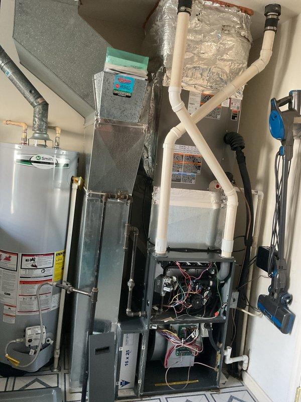 Completed annual planned maintenance visit on residential HVAC system, including replacement of 16x25x5 air filter. Performed comprehensive inspection of air handler unit, verified all electrical connections and control board operations, checked blower motor assembly functionality, and confirmed proper system operation with no issues identified.