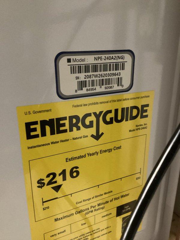 Successfully completed installation of Navien NPE-240A2 tankless natural gas water heater. Unit was properly mounted, connected to existing gas and water supply lines, and vented according to manufacturer specifications. System was tested for proper operation, flow rate, and temperature output to ensure optimal performance and energy efficiency.