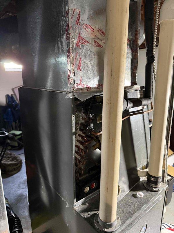 Conducted follow-up site visit to basement HVAC system to assess coil pan replacement requirements. Inspected air handler unit and confirmed coil pan deterioration requiring replacement. Documented system model and serial number, photographed damaged pan and unit configuration to determine optimal repair approach—either lift-and-replace method if coil can remain in cabinet, or full coil removal with refrigerant pump-down if extraction necessary. Estimated half-day repair timeline with no additional helper required, and coordinated part ordering for coil pan replacement.