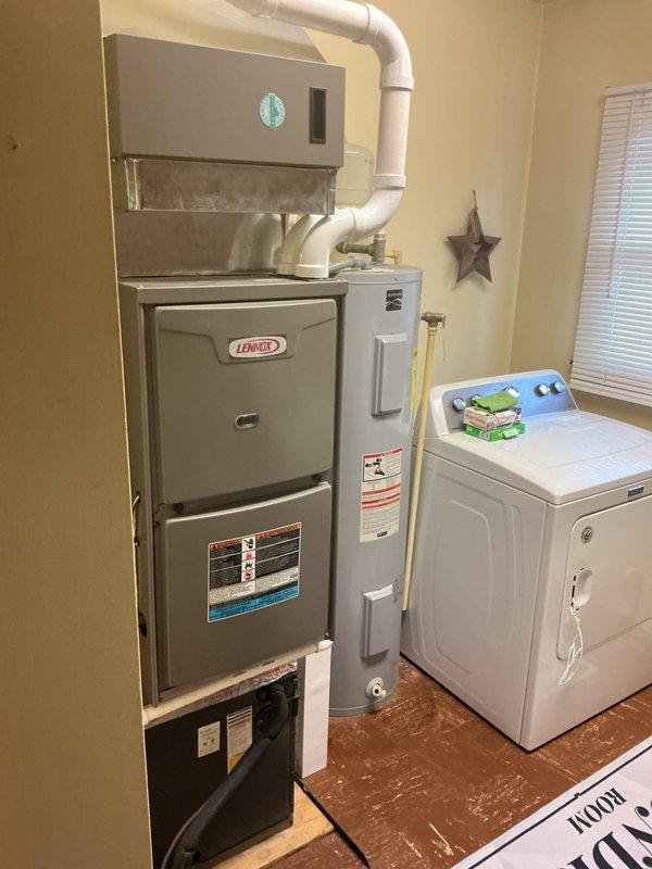 Completed annual planned maintenance on residential HVAC system consisting of Goodman outdoor condensing unit and Lennox furnace with air handler. Performed comprehensive system inspection, changed 16x25x5 air filter, checked all electrical connections and components, verified proper airflow and refrigerant levels, tested thermostat operation, and inspected condensate drainage system. All equipment operating within manufacturer specifications with no deficiencies noted at time of service.