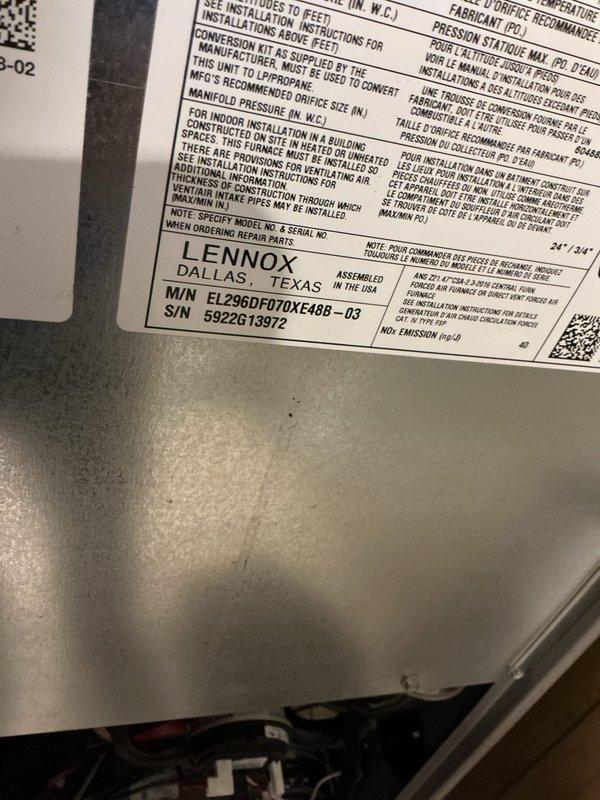 # HVAC Maintenance Completed

Performed monthly Platinum Level preventive maintenance on a 1-year-old Lennox EL296DFIT070E48B-03 furnace system. Replaced 16x20x5 filter, inspected all components, verified proper operation of exhaust venting and condensate drainage system, and documented equipment condition with photographs.