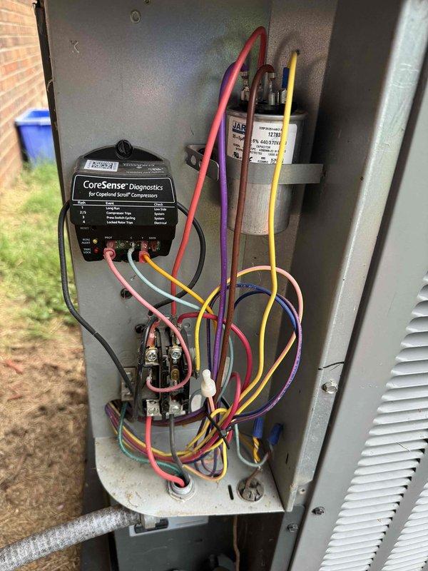 Completed annual Platinum Level maintenance on 3-year-old HVAC system during second scheduled visit. Performed comprehensive system inspection including electrical control panel evaluation with CoreSense diagnostics for Copeland scroll compressor, verified all contactors and capacitors functioning properly, replaced 16x25x5 filter, and recorded temperature differential readings of 67.8°F to confirm proper system operation and efficiency.