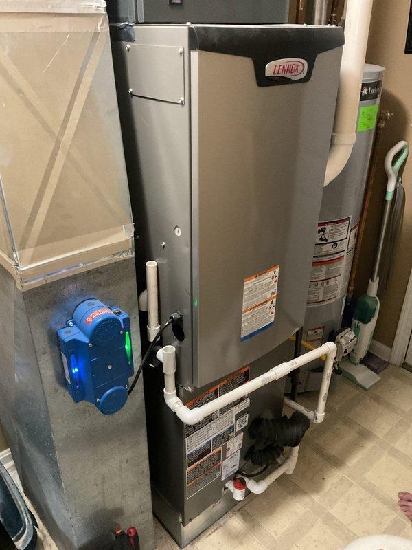 Completed annual Platinum Level maintenance on single HVAC system approximately 8 months old. Performed comprehensive inspection of Lennox furnace unit, verified proper operation of all mechanical components, checked air circulation through floor registers, and ensured all PVC connections and piping were secure and functioning correctly.