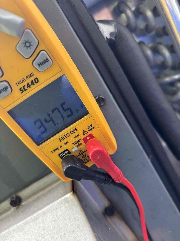 Completed second annual Platinum Level maintenance visit on 9-year-old single HVAC system. Performed comprehensive system diagnostics using Fluke SC440 multimeter, recording electrical measurements including voltage readings of 3475 and resistance testing showing 0.05 ohms to verify proper component operation and electrical integrity. Inspected all system components, verified operational parameters, and noted 16x25x5 filter specification for maintenance records. System requires service agreement renewal for continued coverage.